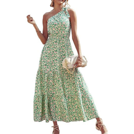 PRETTYGARDEN Women's Summer Floral Maxi Dress Knot One Shoulder Sleeveless Ruffle Flowy Boho Beach Wedding Guest Dresses